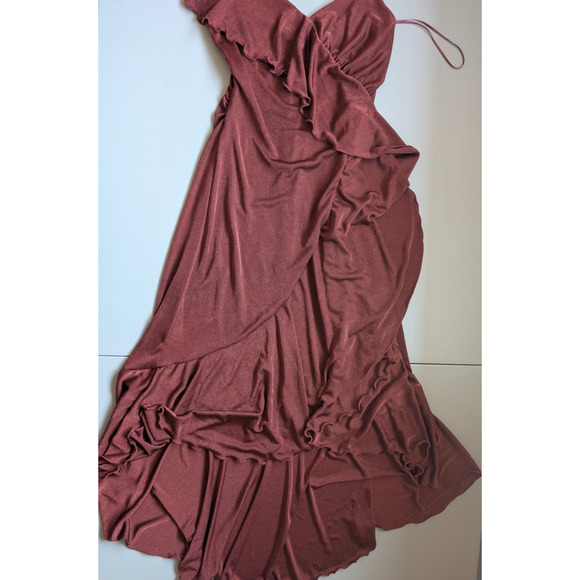 NWT By Anthropologie One-Shoulder Ruffled High-Low Midi Dress Sz XS Wine #8F504 - Picture 7 of 10
